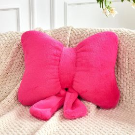 Hot Pink Bow Pillow, Soft Bow Decorative Pillows with Faux Rabbit Fur, Cute 12" Bow Throw Pillows