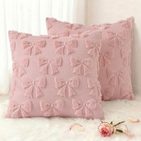 Pink Bow Pillow Covers Set of 2 Coquette Aesthetic Cute Preppy Plush Faux Pillowcases for Girly Bedroom or Couch 18x18 Inch
