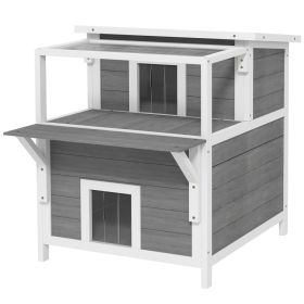 2-Story Wooden Cat House Outdoor with Balcony, Openable Top, Escape Door, Removable Panel & Floor, for Backyard, Outside (Option: Light Gray-820x720x210 mm)