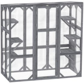 Large Wooden Catio Outdoor with 6 Jumping Platforms, Weatherproof Roof, for 1-3 Cats, 59" x 28" x 60", Gray (Option: Gray-1050x300x720 mm)