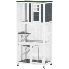 74" Wooden Catio Outdoor Cat Enclosure Weatherproof & Wheeled, Outside Cat House with High Weight Capacity, Kitten Cage Condo, White (Option: Dark Gray-1010x685x305 mm)