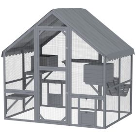 Wooden Catio Outdoor Cat Enclosure with Waterproof Cover, 2 Condos, 4 Platforms, Bridge, Doors, Gray (Option: Gray-1260x765x130 mm)