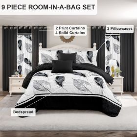 9 Piece Soft All-Season Washed Microfiber Cover Set , Queen/King/Calking Bedding Set With Pillowcases,Bedspread Print Curtains & Solid Curtains,P (Color: black/white feather, size: KING)