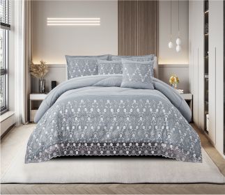 3-Piece Lace Embroidered Bedding Set (Queen/King/Cal King) - Quilted Microfiber Quilt + Pillow Shams (9 Colors) (Color: Blue, size: QUEEN)