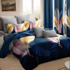 9-Piece Feather Print Bedding & Curtain Set (Queen/King/Cal King) - Quilted Microfiber Bedspread + Sheer Curtains (Color: Blue Feather, size: KING)