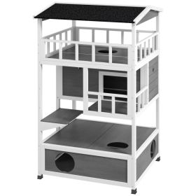 Wooden Outdoor Cat House with Asphalt Roof, Escape Doors, Condo, Jumping Platform, Light Gray (Option: Light Gray-1095x725x215 mm)